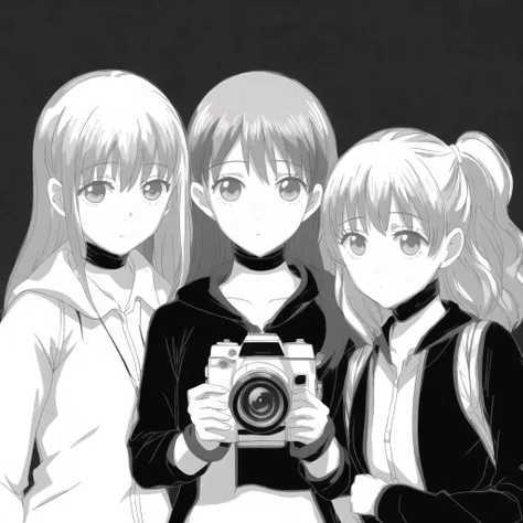 <lora:lovelycomplex3:1>, 3girls, 4koma, camera, comic, monochrome, multiple girls, posing