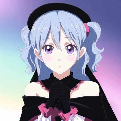 <lora:lovelycomplex3:1>, 1girl, bare shoulders, black dress, black headwear, blue cape, blue hair, blush, brown eyes, cape, dress, elbow gloves, eyelashes, frilled dress, frills, gloves, hair between eyes, hat, highres, light blue hair, long hair, looking at viewer, object hug, off-shoulder dress, off shoulder, pink eyes, purple gloves, purple pupils, simple background, solo, stuffed animal, stuffed toy, top hat, twintails, white background, yamada1008b