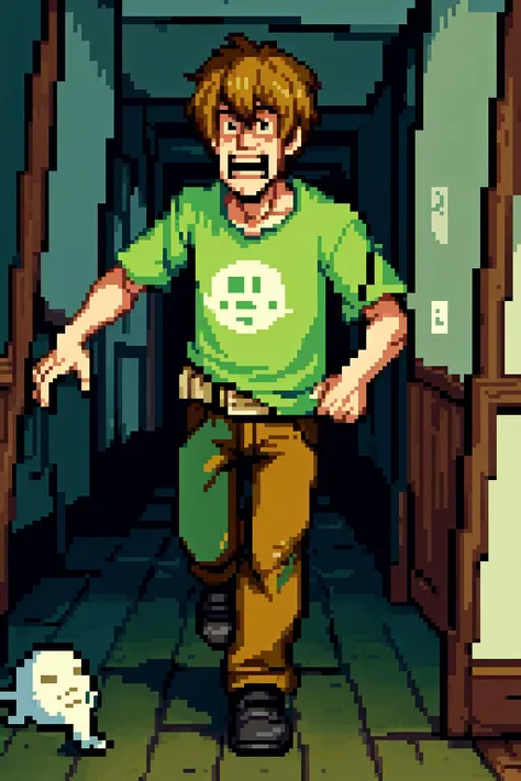 man, solo, afraid, screaming, running away from a cute ghost, <lora:Shaggy:0.6> Shaggy, green shirt, brown pants, black shoes, inside a haunted house, detailed background, <lora:add_detail:0.7>,