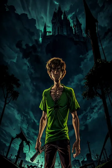 1man, solo, worried, holding a flashlight, cowboy shot, <lora:Shaggy:0.9> Shaggy, green shirt, brown pants, night, haunted castle, bats, ghost, dark atmosphere, cemetery, cartoonish horror, detailed background, <lora:add_detail:0.7>,