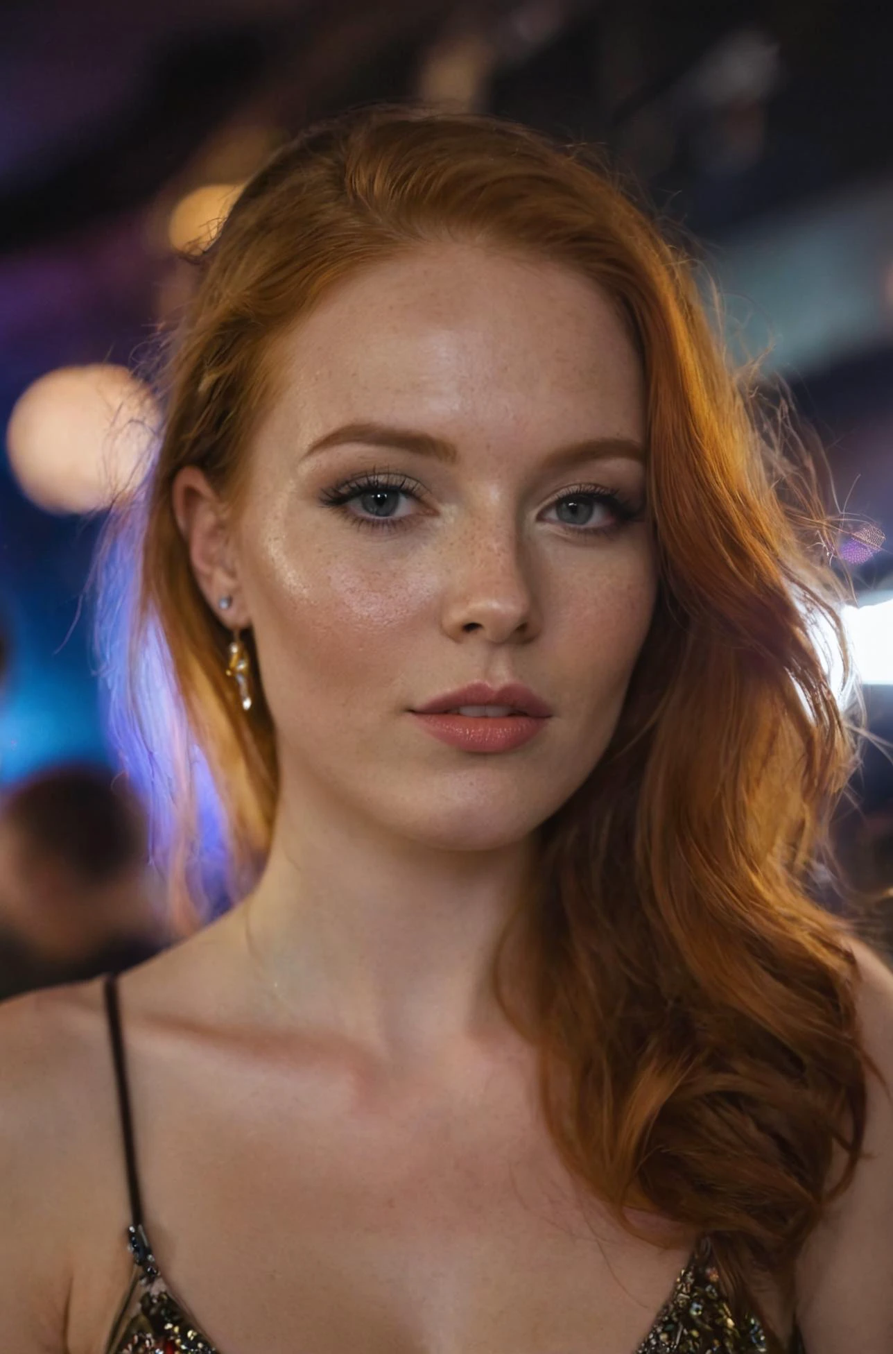 Amateur photography, a stunning redhead, party clothing, nightclub photo, ambient lighting, ecstatic vibe, slightly alternative, very attractive, intricate skin details, deep darks, hyperdetailed photo, instagram filter, low lighting, flash photography, shot on a Samsung Galaxy, rich emotive colors, DSLR