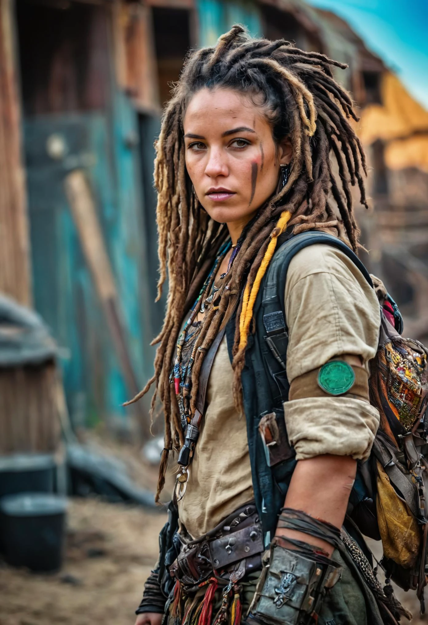 RAW photography, a wild female warrior, dreads, vagabond, post-apocalyptic setting, colorful, masterpiece, high contrast, vibrant colors, dslr, UHD, HDR10
