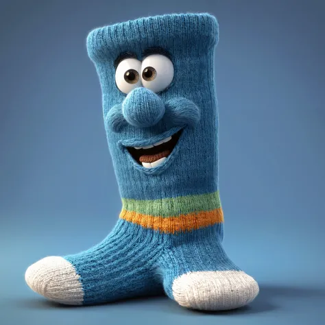 A happy woolen sock looks at the camera, material with precise and clear texture, correct anatomy and perspective, made with detailed knit sock, pixar animation style, low angle photograph, hdr, 3d, model, detailed, intricate details, hyperdetailed, cg, character design fantasy storybook illustration, lifestyle photography, candid, realistic, epic realism