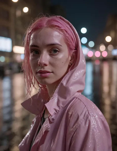 Portrait of a girl with pink hair,scared and nervous,Wet hair,night,rain,wet foggy window,cinematic,contract for 8 thousand.,SLR camera,Soft lighting,high quality,film grain,frowning,nipples stick out