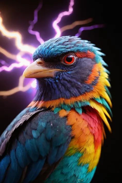 beautiful colorful bird man, cosmic art, masterpiece, vibrant colors, rim lighting, high detail, 16k, <lora:add-detail-xl:1.1>, bokeh, rich vivid colors, glow, lightning strikes in the background, galaxy with stars, looking up, black background