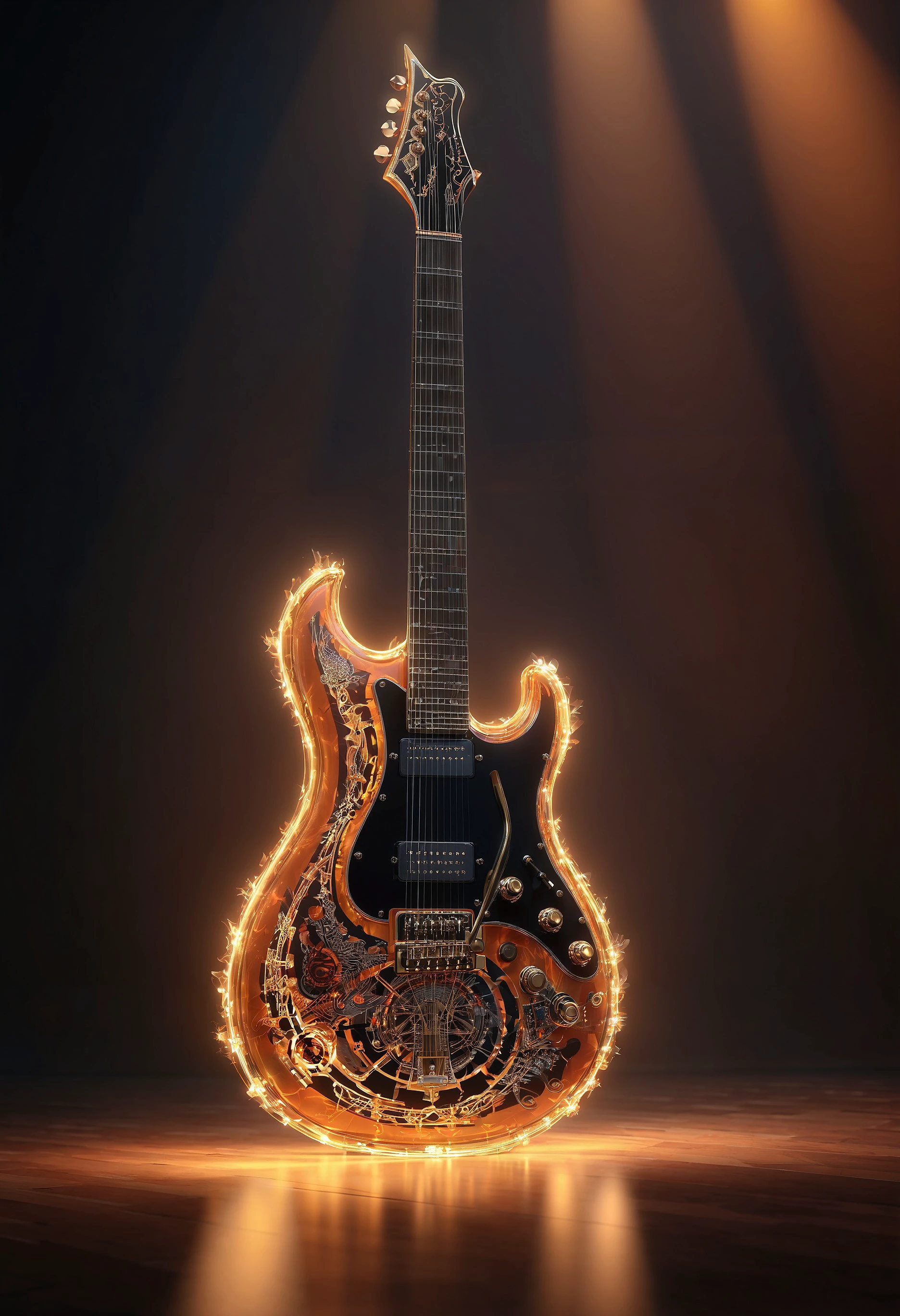 An electric guitar with a custom flame design on a stage with spotlights, in the style of luminous 3D objects, golden light, ethereal details, glowing lights, fairytale-inspired, CryEngine, delicate lines, light fire orange and midnight black, luminescent lightscapes, digital art techniques