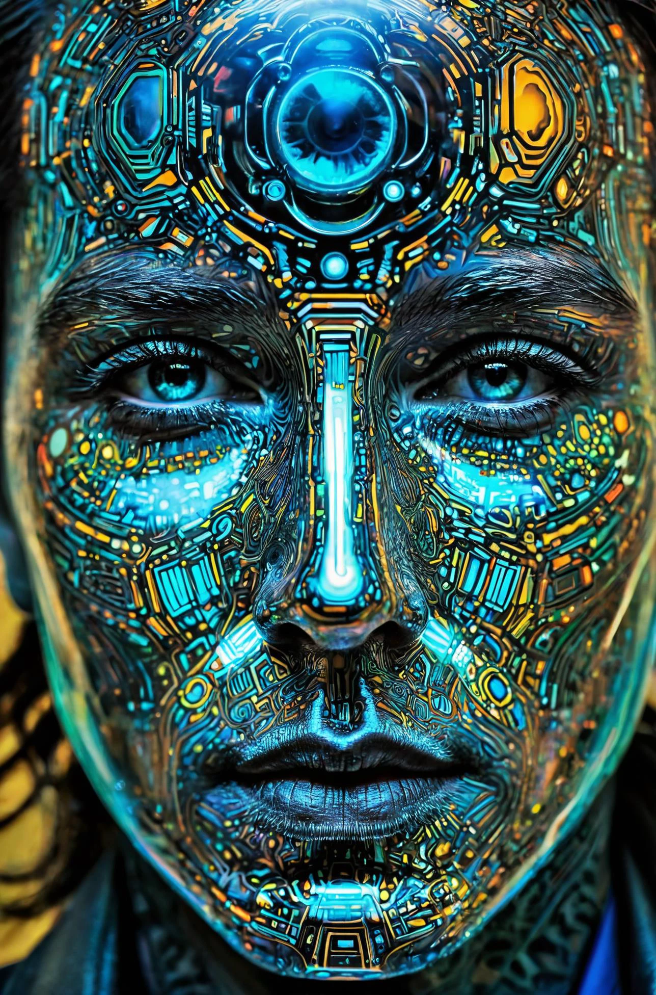 Minimalist Artwork, an insomniac cybernetic organism, human anatomy merged with steel frame, he is a photographer with an integrated camera as a third eye, drowsy eyes, hyperdetailed, popping vibrant colors, rich intricate detailing, natural lighting, specular highlights, surrealist, nature of time, nature of light, relativity theory, translucent materials ((showing the movement of photons)), vector art, thick linework, (style of Phil Noto AND Yoji Shinkawa)