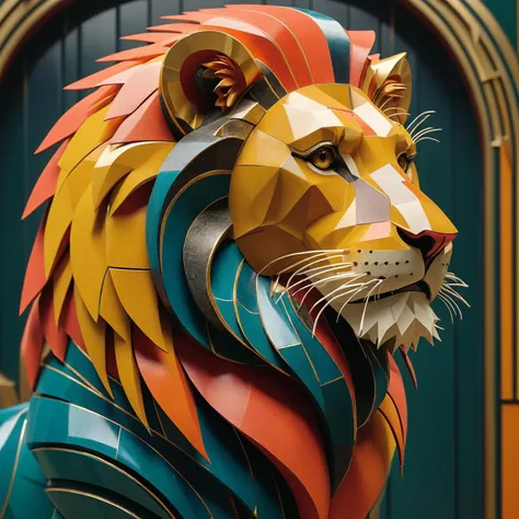 Redesign of a Lion in an art deco style, opulent and extravagant, geometric forms, curvilinear forms, bold colors, design and setting should represent This is not, my life <lora:XSfenlie:1>, 8k uhd, ultra-sharp focus, award winning