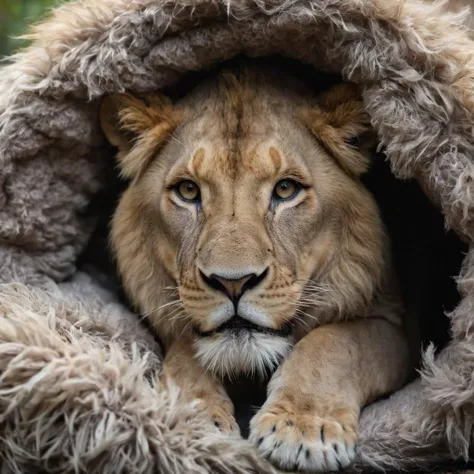 lion metamorphosis, lion emerging from a fuzzy cocoon, depth of field, hyperdetailed photo, RAW photo, 4k UHD, natural lighting, cinematic, realistic textures, Fujifilm XT3, high contrast, DSLR