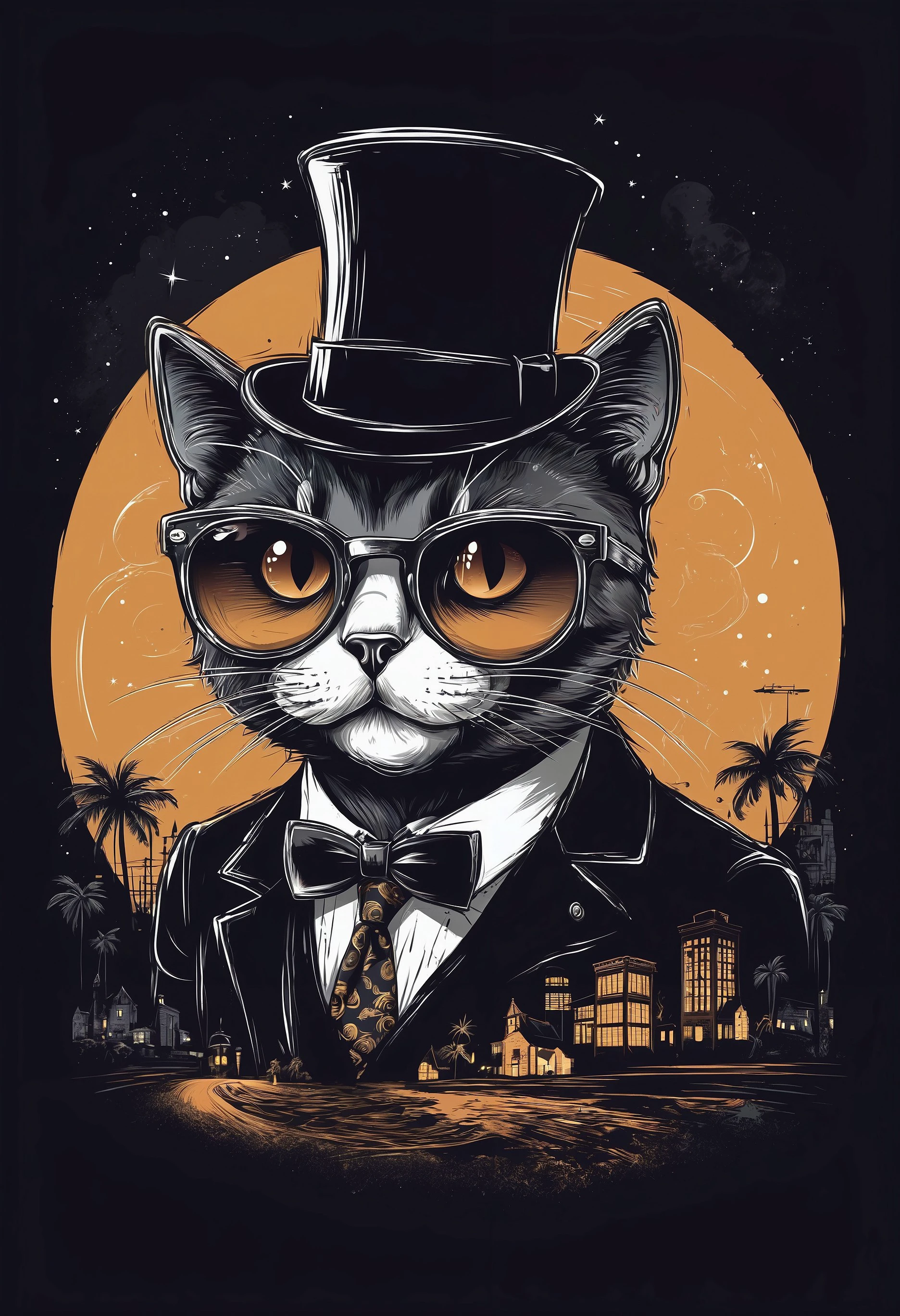 Travel back in time to a bygone era and conjure a retro-themed cool cat with a touch of darkness. Combine elements of vintage style with gothic undertones, such as a cat sporting a stylish bowtie and sunglasses, exuding an air of coolness amidst an eerie moonlit scene. T-shirt design graphic, vector, contour, white background.