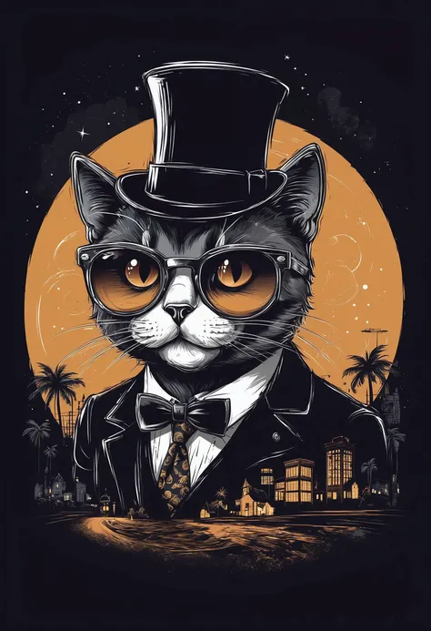 Travel back in time to a bygone era and conjure a retro-themed cool cat with a touch of darkness. Combine elements of vintage style with gothic undertones, such as a cat sporting a stylish bowtie and sunglasses, exuding an air of coolness amidst an eerie moonlit scene. T-shirt design graphic, vector, contour, white background.