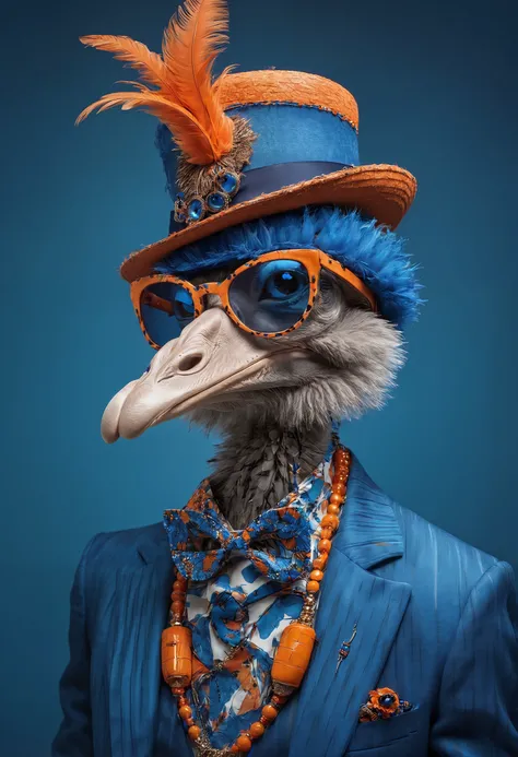 highend portrait of a ostrich, high fashion Style with crazy glasses and stylish clothes amnd necklace, hut og butterflies, color: blue and orange, background: dark and luxury, hyper detailled, stil: raw, cinematic light, canon, aexpressive and original, canon, 50 mm lens, editorial, look: expensive, mood: motivated