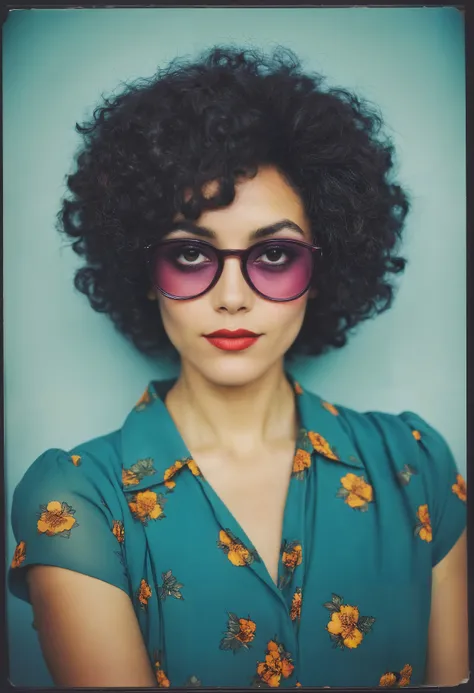Beautiful mixed eclectic woman dressed in quirky mysterious fashion and unconventional poses, Shift Lens and Polaroid Color, Beautiful complementary colors.