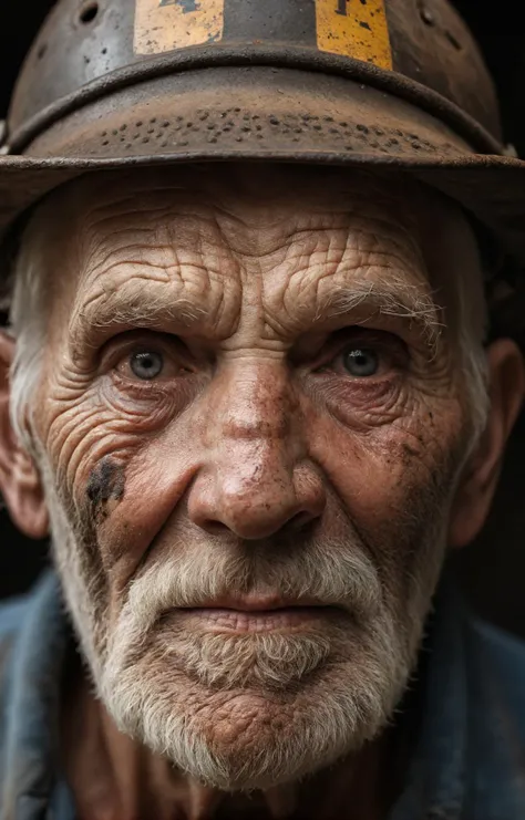 Create a compelling portrait photography of an elderly miner man with a dirty face, his face etched with the wisdom of years. Highlight the character and emotions that have been sculpted by a lifetime of experiences, revealing the stories that lie behind the weathered lines and expressive eyes, slightly smiling, high quality, 4k, 8k, masterpiece, key light, (masterpiece:1.2), (intricate details:1.2), cinematic lighting, realism, realistic, RAW photo, 4k, highres, extremely intricate, photorealistic, selective focus, best quality, photo, real, extremely detailed, amazing, fine detail, rich colors, hyperrealistic lifelike texture, dramatic lighting, unrealengine, trending on artstation, cinestill 800 tungsten, high quality, sharp focus,8k uhd, absurdres