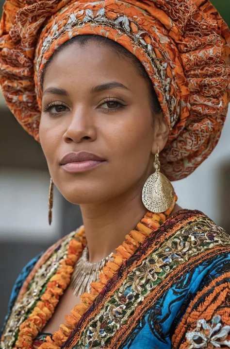 Hyperdetailed photograph, a Creole woman wearing traditional clothing, intricate details, digital photography, natural lighting, vivid vibrant colors, sharp detailing