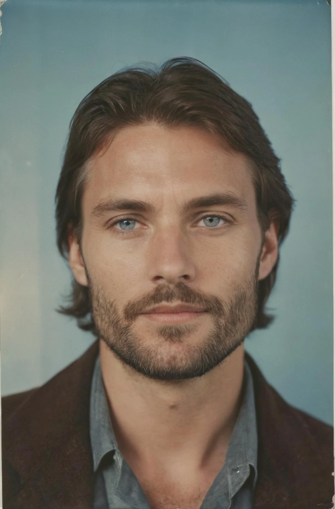 Faded polaroid, portrait of a proud man, (broad square face), semi long brown hair with side parted hairdo, blue eyes, beard, (prominent chin with strong jawline), early 80s era, handsome, courageous, charming, reminiscent of ((Viggo Mortensen):.44), (overexposed photo), analog film grain, (vignette), faded colors, nostalgia, disco attire, sharp details, hyperdetailed photograph