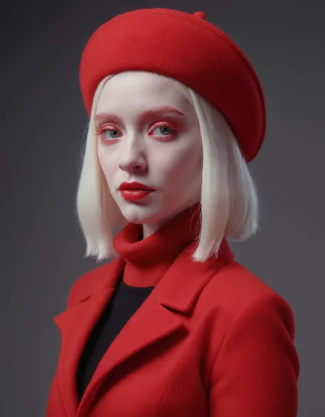 An ethereal albino pop artist in a red sleek futuristic outfit, with a wool beret, light makeup with depth of field, fantastical edgy and regal themed outfit, captured in vivid colors, embodying the essence of fantasy, minimalist, photography, 8k, UHD, masterpiece