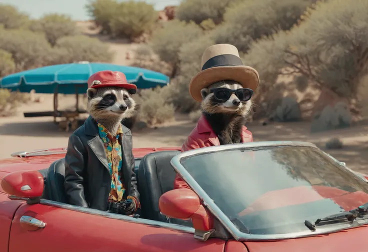a meerkat and a raccoon on a roadtrip, they are sitting in a red cabriolet, on the left the meerkat in a black leather jacket with black sunglasses, on the right as driver the raccoon with a colorful retro shirt and a sun hat. In the style of (Wes Anderson:1.15)