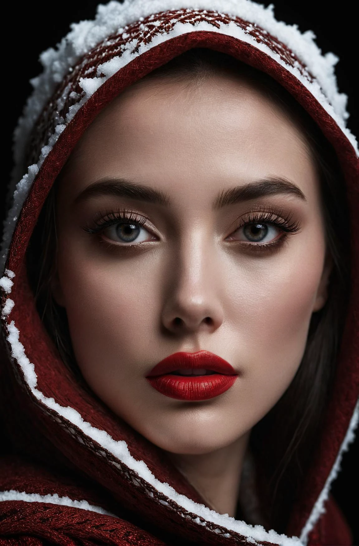 20 yo young [indonesian | hungarian] supermodel with porcelain white skin,  brunette, perfect full lips, big beautiful (black:1.4) eyes, top model, closed lips, portrait, rim light, (by lee jeffries:0.8), elegant dark makeup, head covered with snow, red, elegant, black background
<lora:add-detail-xl:1>, (masterpiece:1.2), (intricate details:1.2), cinematic lighting, realism, realistic, RAW photo, 4k, highres, extremely intricate, photorealistic, selective focus, best quality, photo, real, extremely detailed, amazing, fine detail, rich colors, hyperrealistic lifelike texture, dramatic lighting, unrealengine, trending on artstation, cinestill 800 tungsten, high quality, sharp focus,8k uhd, absurdres