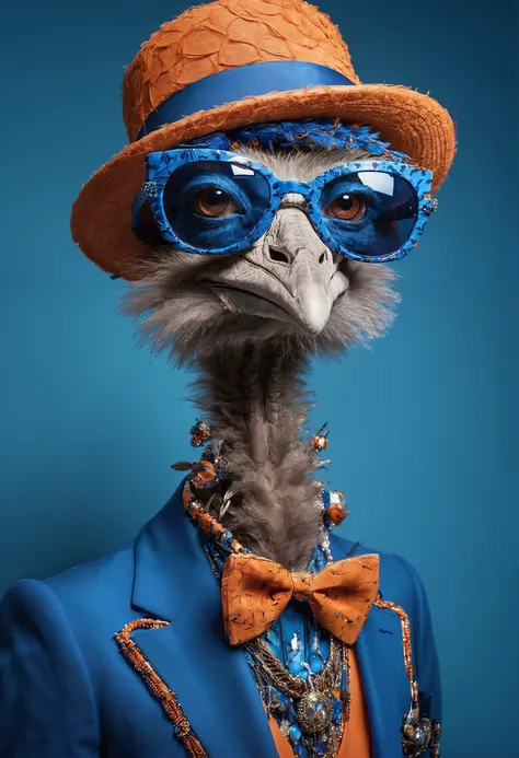 highend portrait of a ostrich, high fashion Style with crazy glasses and stylish clothes amnd necklace, hut og butterflies, color: blue and orange, background: dark and luxury, hyper detailled, stil: raw, cinematic light, canon, aexpressive and original, canon, 50 mm lens, editorial, look: expensive, mood: motivated