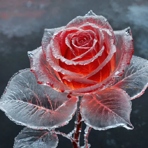 a rose made out of ice in the style of ice art, icy, ice carving, frozen art, translucent sculpture, ice texture, ice replica, glowing red neon color palette