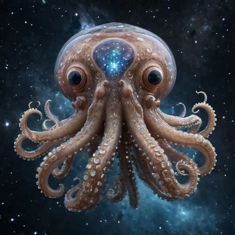 the universe inside an octopus, 3d render, octopus, made of crystal, inside body are visible galaxies, extremely detailed