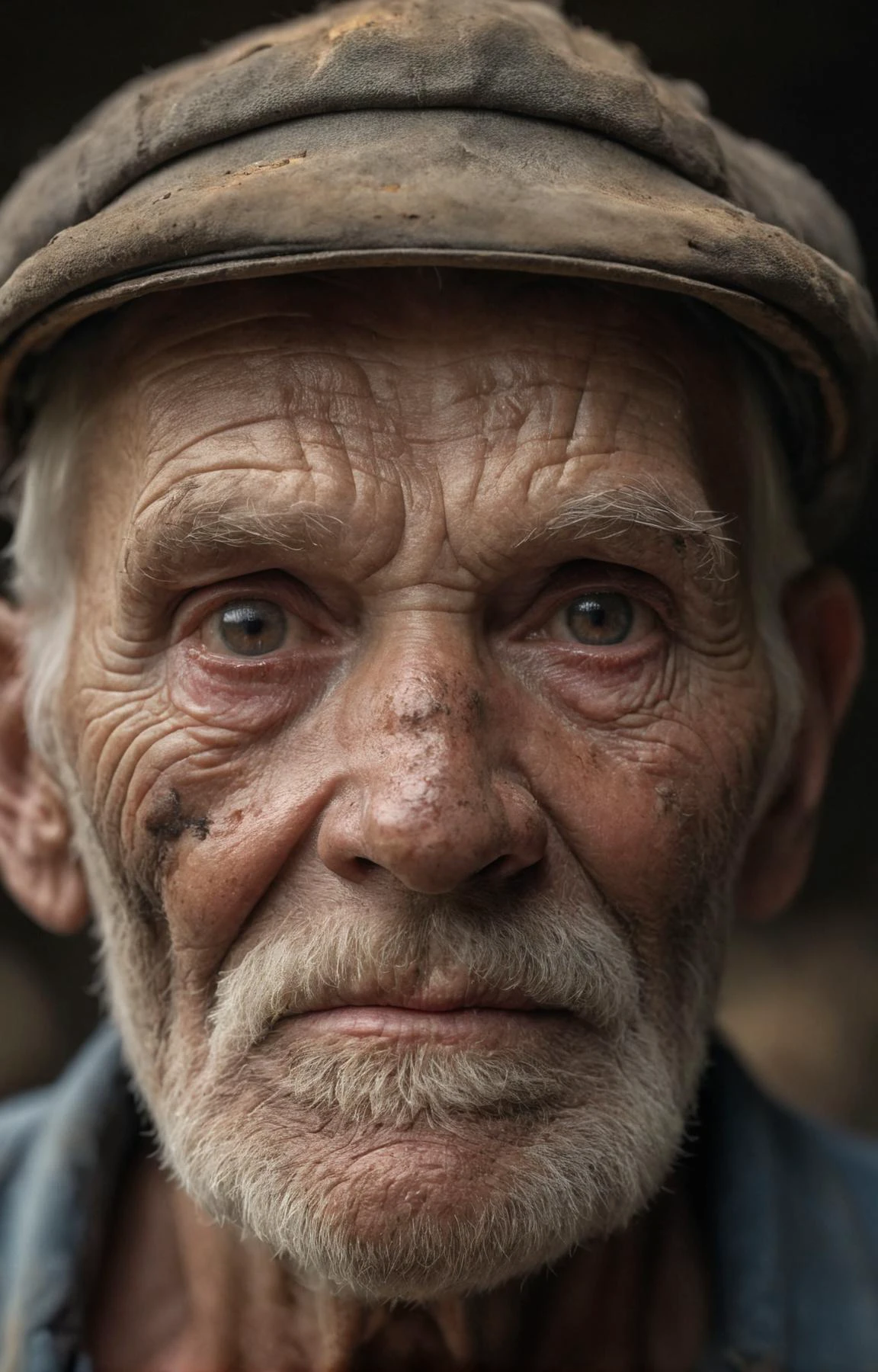 Create a compelling portrait photography of an elderly miner man with a dirty face, his face etched with the wisdom of years. Highlight the character and emotions that have been sculpted by a lifetime of experiences, revealing the stories that lie behind the weathered lines and expressive eyes, slightly smiling, high quality, 4k, 8k, masterpiece, key light <lora:- SDXL - n-eeyblch_eye_bleach_V1.0:0.5>, n-eeyblch, (masterpiece:1.2), (intricate details:1.2), cinematic lighting, realism, realistic, RAW photo, 4k, highres, extremely intricate, photorealistic, selective focus, best quality, photo, real, extremely detailed, amazing, fine detail, rich colors, hyperrealistic lifelike texture, dramatic lighting, unrealengine, trending on artstation, cinestill 800 tungsten, high quality, sharp focus,8k uhd, absurdres