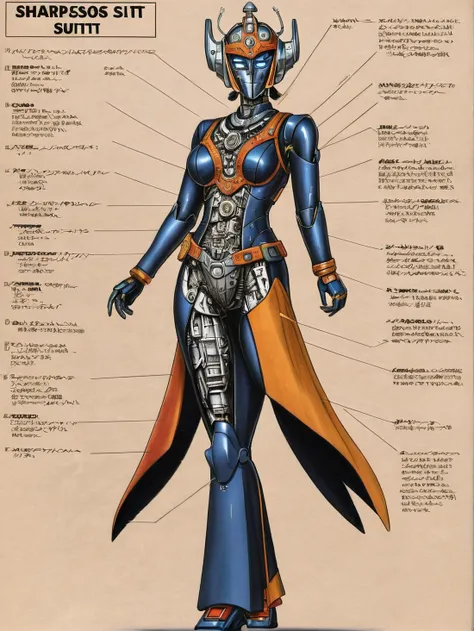 a colored cutaway drawing of a female desiespresso female robot in Sharara Suit, standing in a hero pose with hands above head, with parts labeled, <lora:robot_info:0.5> <lora:DesiCoffee_LoKr_V2_SDXL:0.8>