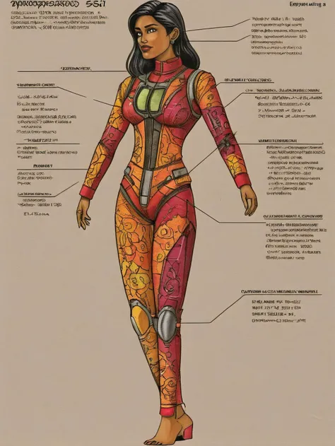 a colored cutaway drawing of a female desiespresso female robot in Phulkari Suit, standing in a hero pose with hands above head, with parts labeled, <lora:robot_info:0.5> <lora:DesiCoffee_LoKr_V2_SDXL:0.8>