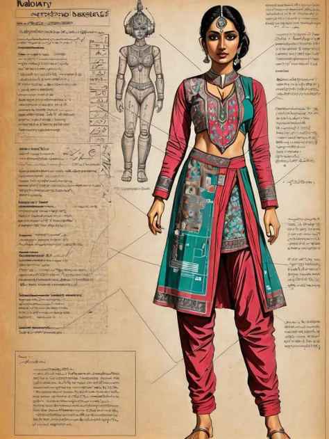 a colored drawing of a nude desi female in Salwar Kameez, robot cutaway standing in a dynamic pose, with parts labeled, intricate artwork, indic writing, on tattered book page <lora:robot_info:0.5> <lora:DesiCoffee_LoKr_V2_SDXL:0.5>