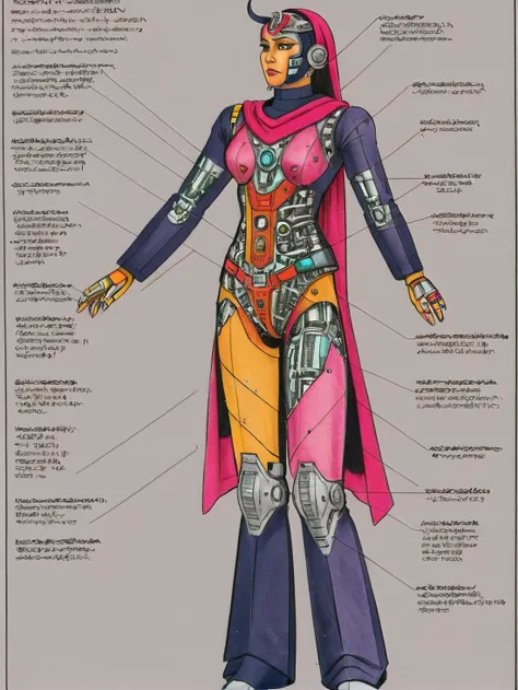 a colored cutaway drawing of a female desimocha female robot in Salwar Kameez, standing in a hero pose with hands above head, with parts labeled, <lora:robot_info:0.5> <lora:DesiCoffee_LoKr_V2_SDXL:0.8>