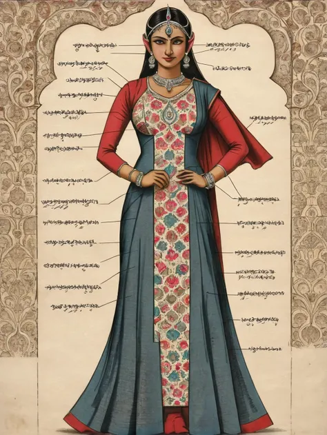 a colored cutaway drawing of a female desi  female robot in Kalamkari Dress (hand-painted fabric), standing in a hero pose with hands above head, with parts labeled,  <lora:robot_info:0.5> <lora:DesiCoffee_LoKr_V2_SDXL:0.8>