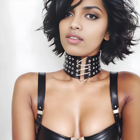 desiespresso woman, messy short hair, (( tongue out, seductive )), wearing dog collar in neck, and a leather white corset, white matte background <lora:DesiCoffee_SDXL_Lokr_v10:1>