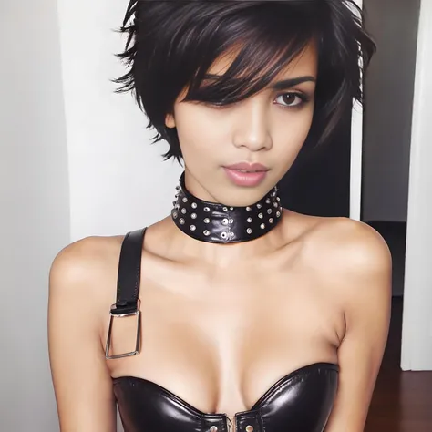 desimocha woman, messy short hair, (( tongue out, seductive )), wearing dog collar in neck, and a leather white corset, white matte background <lora:DesiCoffee_SDXL_Lokr_v10:1>