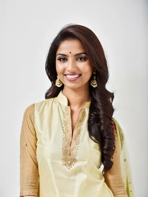 upper body medium close-up photo of pretty desimocha woman, (kurta_leggings:1.2), light impish smile, white matte background <lora:DesiCoffee_LoKr_V2_SDXL-step00002000:0.8>