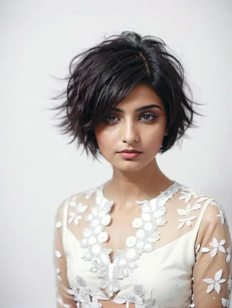 desilatte woman, messy short hair, kaleidostick, white matte background <lora:DesiCoffee_LoKr_V2_SDXL-step00002000:1>