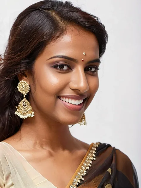 upper body medium close-up photo of pretty desiespresso woman, (Chiffon_saree_blouse:1.2), light impish smile, white matte background <lora:DesiCoffee_LoKr_V2_SDXL-step00002000:0.8>