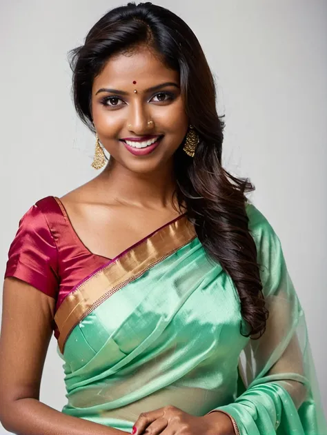 upper body medium close-up photo of pretty desiespresso woman, (satin_saree_blouse:1.2), light impish smile, white matte background <lora:DesiCoffee_LoKr_V2_SDXL-step00002000:0.8>