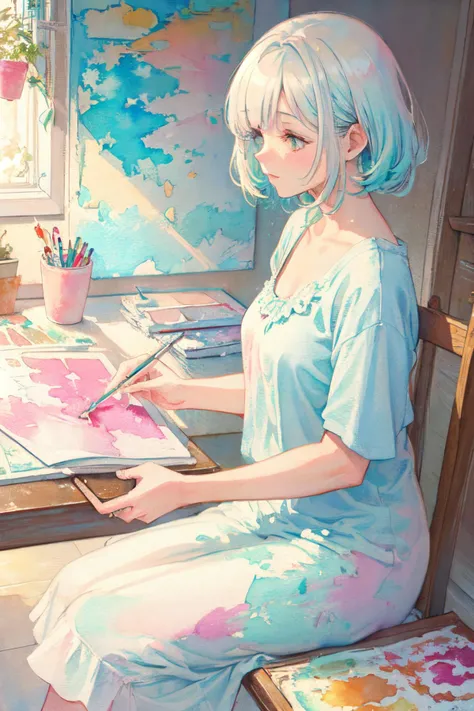(moist paper,bright watercolor style,comfort,pastel painting illustration,concise,watercolor rendering,natural rendering,pigments mix naturally:1.3),
(white theme,bright theme,:1.3)
<lora:MatureFemaleSeaArt2:0.8> mature female, milf, motherly