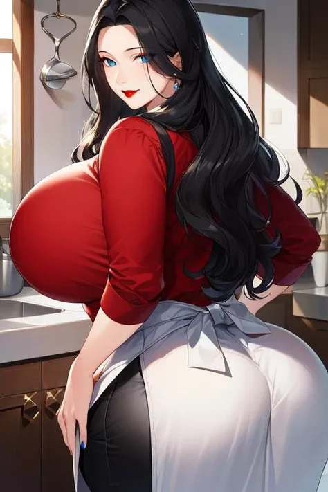 ((masterpiece)), ((best quality)), (ultra-detailed), absurdres, extremely detailed CG unity 8k wallpaper, Official Art, Accurate describe shapes, beautiful face, detailed hands, expressive eyes, upper body, looking at viewer, solo, (realistic), close-up, from behind, (standing, dynamic pose, smile:1.2), (kitchen, dramatic light, scenery, illustration:1.1), (1girl, mature female, milf, gigantic breasts, huge ass, red lips, wide hips, curvy, long hair, wavy hair, black hair, blue eyes, forehead:1.4), (red shirt, black pants, long sleeves, white apron:1.3), ((masterpiece)), ,absurdres, HDR <lora:epi_noiseoffset2:0.7> <lora:GoodHands-vanilla:1> <lora:MatureFemale-01:0.7>