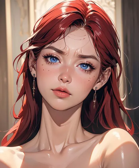 (masterpiece, best quality, high resolution:1.2), (extremely detailed, realistic, intricate details, highres), highres, official art, extremely detailed cg unity 8k wallpaper,
(Miss fortune), long red hairs in 1 three-strand braid, (red hair), ((blue eyes)), (large sagging breasts), (mature female, adult face, adult body), (black makeup), black eyeliner, <lora:MatureFemalePixAI2Any:0.2> mature female,  
SkinHairDetail, focus portrait, 
yellow dress, 
(((Sad, downturned mouth, drooping eyelids, and furrowed brow.))),
extremely detailed background, intricate lighting, egypt room, 
<lora:add_detail:0.25>, <lora:age_slider_v6:2>