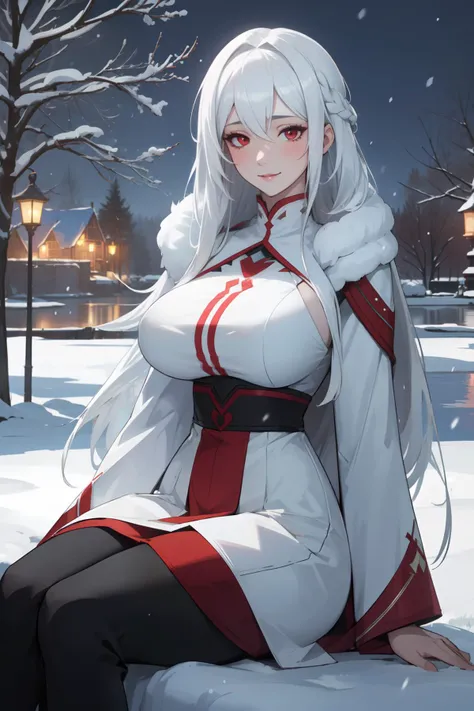 (masterpiece, best quality, ultra detailed:1.4), realistic, 1girl, white_hair, blush, long_hair, looking_at_viewer, smile, swept_bangs, very_long_hair, (red_eyes:1.2), glowing skin, from_below, high contrast, hair between eyes, long coat
sitting by a lake
detailled background, snow, snowfall, ssnowflakes, ice, colds, trees, lantern, at night
<lora:MatureFemaleMix3:0.8> mature female, milf, motherly