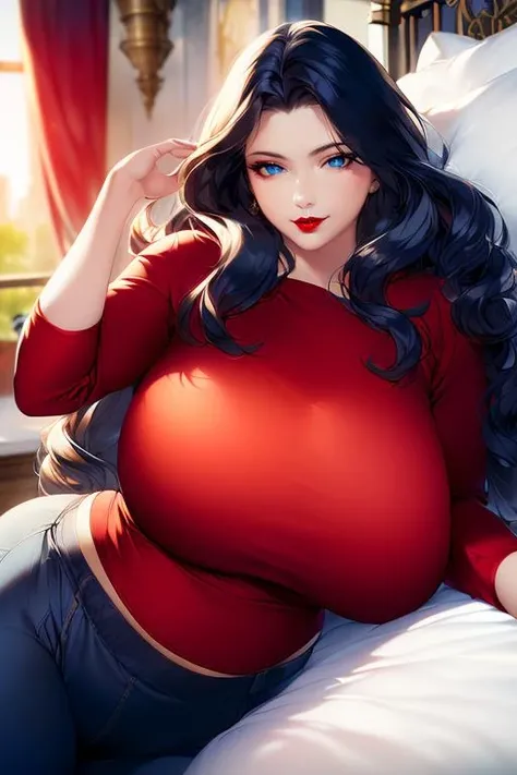 ((masterpiece)), ((best quality)), (ultra-detailed), absurdres, extremely detailed CG unity 8k wallpaper, Official Art, Accurate describe shapes, beautiful face, detailed hands, expressive eyes, upper body, looking at viewer, solo, (realistic), close-up, (lying, arm at side, smile:1.2), (bedroom, dramatic light, scenery, illustration:1.1), (1girl, mature female, milf, gigantic breasts, red lips, wide hips, curvy, long hair, wavy hair, black hair, blue eyes, forehead:1.4), (red shirt, black pants, long sleeves:1.3), ((masterpiece)), ,absurdres, HDR <lora:epi_noiseoffset2:0.7> <lora:GoodHands-vanilla:1> <lora:MatureFemaleSeaArt:0.7>