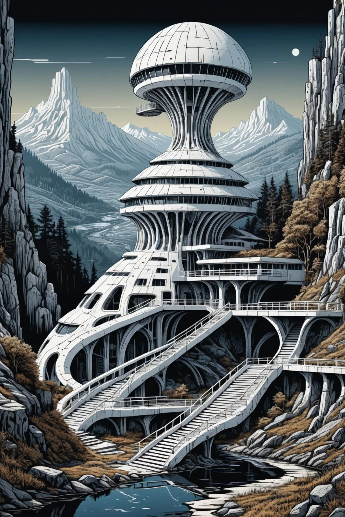 Linocut wasteland landscape of a white futuristic alien building whith staircase, mountain, black forest and river,
wastcity <lora:Wasteland_City_XL:0.1> dagobahlnd<lora:DagobahLnd:0.1>
detailed background, intricate, high quality exquisite details and textures, sharp focus, HDR, 8k high resolution