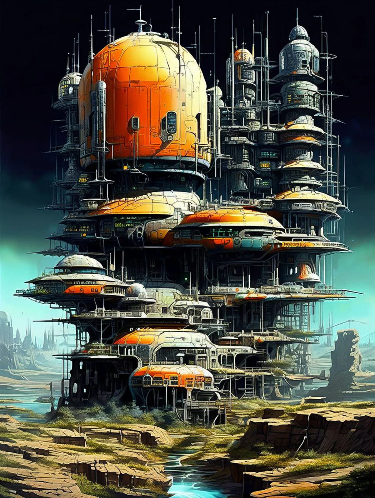 long shot, view from above, a fantastical futuristic concept art, a massive alien building outpost, realistic with intricate details, dark colors against a psychedelic night sky, advanced technology and architecture,
in style of Chris Foss
<lora:Wasteland_City_XL:1> wastcity
<lora:DagobahLnd:0.75> dagobahlnd