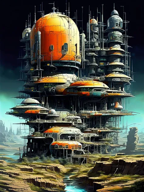 long shot, view from above, a fantastical futuristic concept art, a massive alien building outpost, realistic with intricate details, dark colors against a psychedelic night sky, advanced technology and architecture, 
in style of Chris Foss
 <lora:Wasteland_City_XL:1> wastcity
 <lora:DagobahLnd:0.75> dagobahlnd