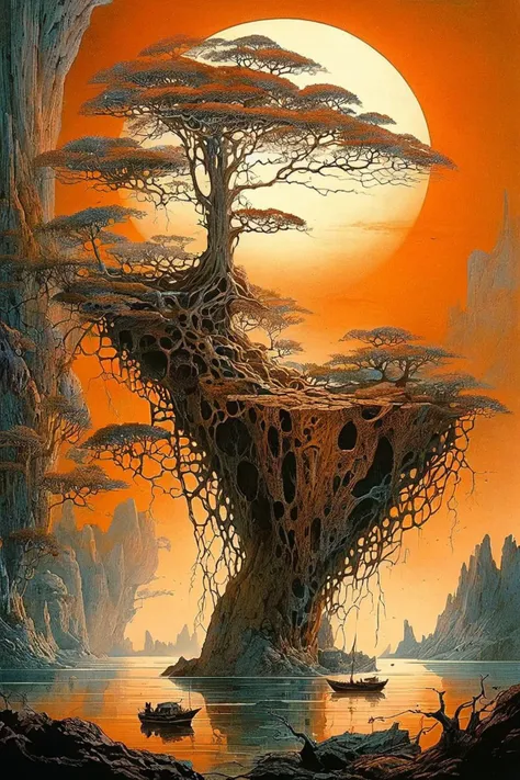 ocean, dark orange rock, (white tree:1.5), boat, huge light sun, fantastic style with intricate details, using vibrant colors and lighting to create a sense of depth and wonder, art by ZdzisLaw BeksiNski,
dagobahlnd <lora:DagobahLnd:0.7>, extremely high quality RAW photograph, detailed background, intricate, exquisite details and textures, highly detailed, ultra detailed photograph, warm lighting, artstation, sharp focus, high resolution, detailed skin, detailed eyes, 8k uhd, dskr, high quality, film grain, Fujifilm XT3