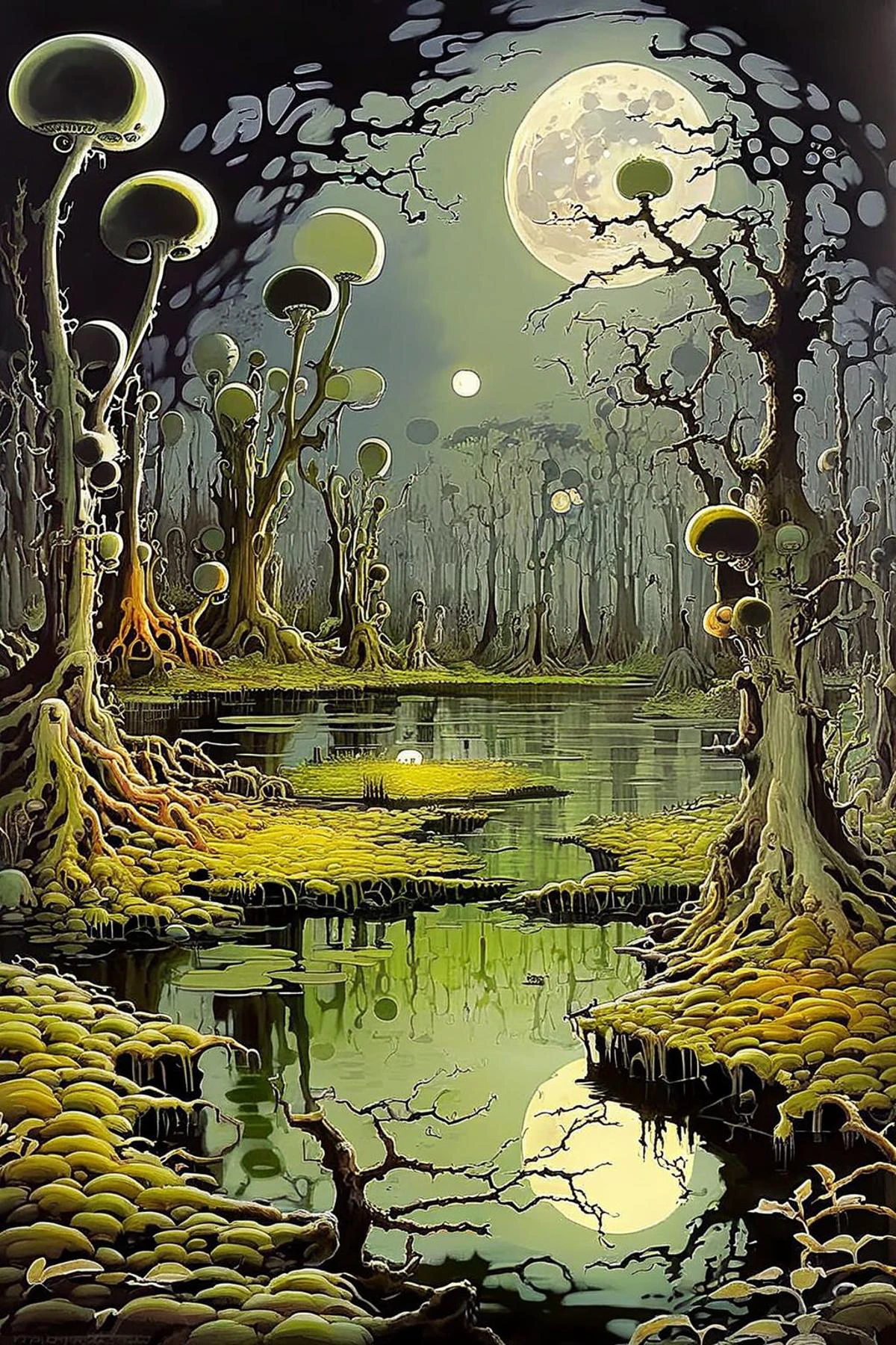 a painting of a swamp with a full moon
dagobahlnd <lora:DagobahLnd:0.7>