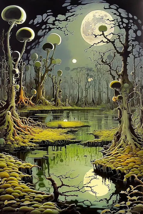 a painting of a swamp with a full moon
dagobahlnd  <lora:DagobahLnd:0.7>