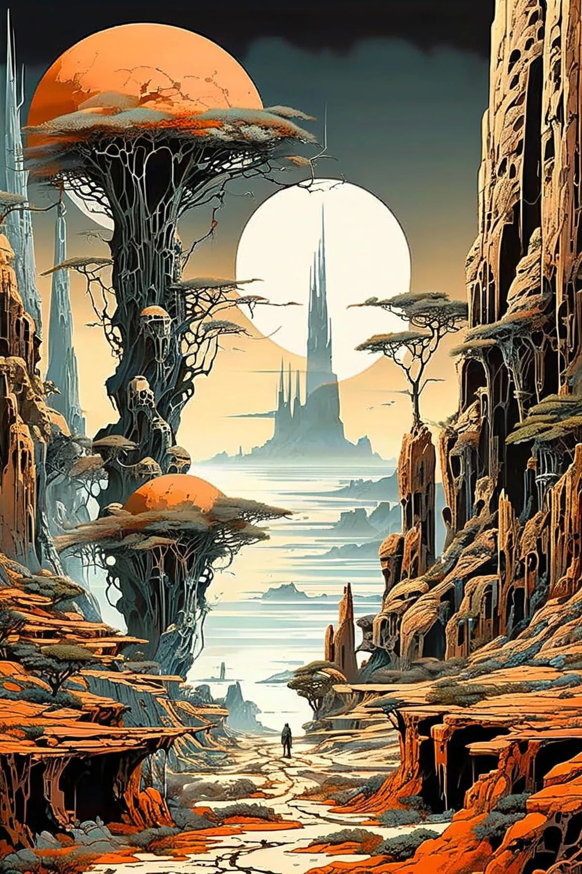 A breathtaking landscape of featuring a vast desert with an ocean in the distance, surrounded by towering rock formations and a lone tree standing tall against the elements. Fantastic style with intricate details reminiscent of Gris Grimly's work, using vibrant colors and lighting to create a sense of depth and wonder,
dagobahlnd <lora:DagobahLnd:0.95>
<lora:Pandora Land XL:0.25> pandoralnd, extremely high quality RAW photograph, detailed background, intricate, exquisite details and textures, highly detailed, ultra detailed photograph, warm lighting, artstation, sharp focus, high resolution, detailed skin, detailed eyes, 8k uhd, dskr, high quality, film grain, Fujifilm XT3